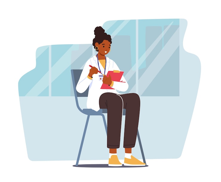 Vecteur infirmière stagiaire personnage féminin en uniforme de médecin avec badge assis sur une chaise écrivant des notes dans le presse-papiers étudiant medic
