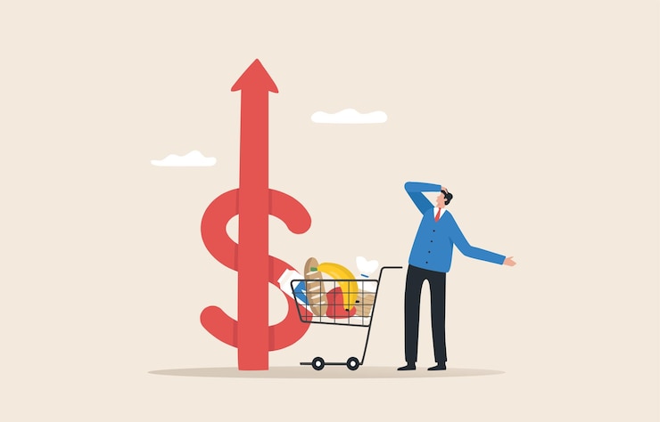 Vecteur inflation et hausse des prix alimentaires stabilité commerciale et économique avec des problèmes financiers fédéraux risque de crise un jeune homme ou un homme d'affaires regarde la hausse de l'inflation