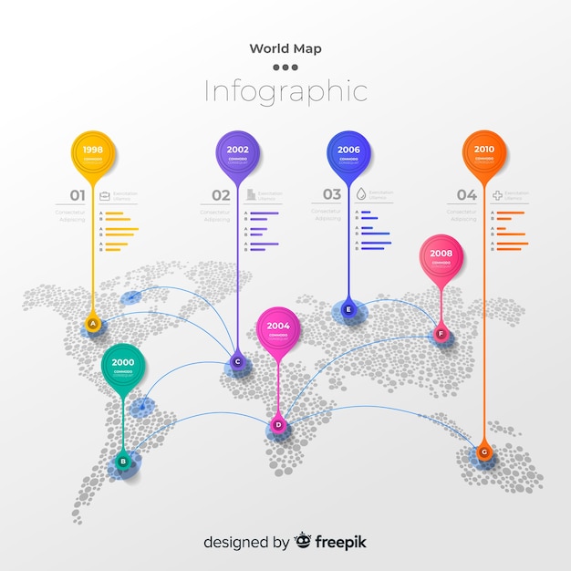 Infographie de carte du monde avec des marqueurs colorés