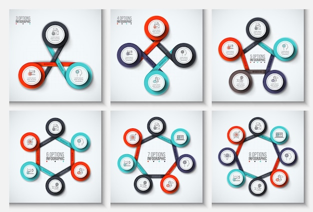 Infographie de cercle de vecteur. Modèle de diagramme de cycle, graphique, présentation et tableau rond. Concept commercial avec 3, 4, 5, 6, 7 et 8 options, pièces, étapes ou processus. Icônes de course.