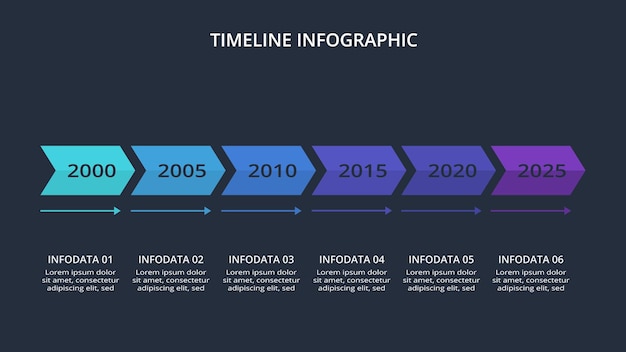 Vecteur infographie de la chronologie avec modèle de 6 éléments pour le web sur une illustration vectorielle de fond noir présentation d'entreprise