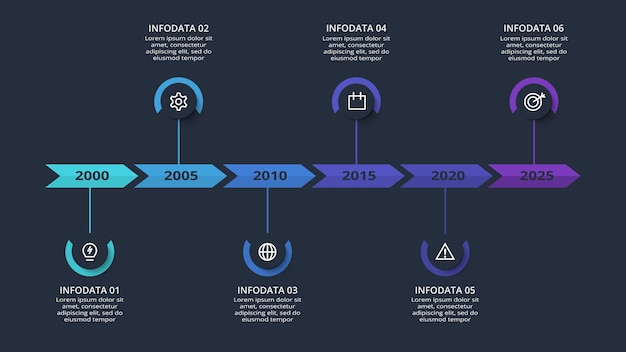 Vecteur infographie de la chronologie avec modèle de 6 éléments pour le web sur une illustration vectorielle de fond noir présentation d'entreprise