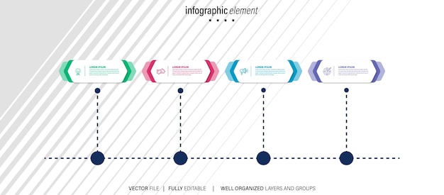 Vecteur infographie chronologique avec infochart modèle de présentation moderne avec 4 spets pour les processus métier