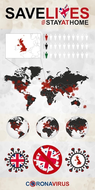 Infographie sur le coronavirus au Royaume-Uni Restez à la maison, sauvez des vies Drapeau et carte du Royaume-Uni Carte du monde avec cas de COVID19