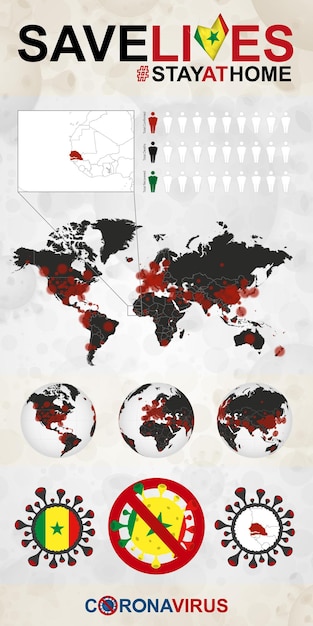 Vecteur infographie sur le coronavirus au sénégal restez à la maison sauvez des vies drapeau et carte du sénégal carte du monde avec cas de covid19