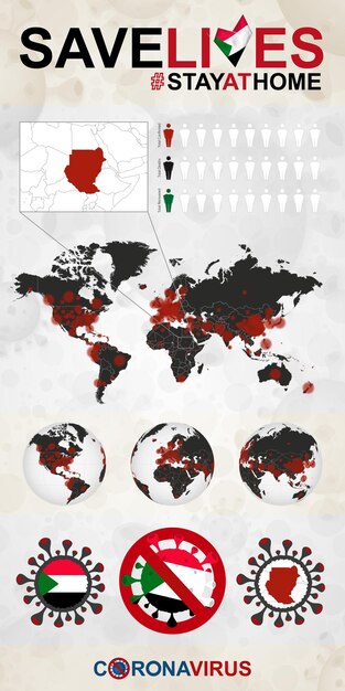 Vecteur infographie sur le coronavirus au soudan rester à la maison, sauver des vies drapeau et carte du soudan carte du monde avec cas de covid19