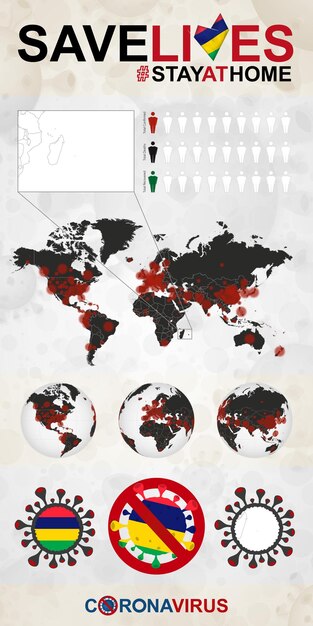 Vecteur infographie sur le coronavirus à l'île maurice restez à la maison sauvez des vies drapeau et carte de l'île maurice