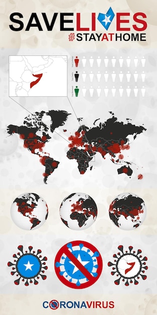 Infographie Sur Le Coronavirus En Somalie Restez à La Maison Sauvez Des Vies Drapeau Et Carte De La Somalie Carte Du Monde Avec Des Cas De Covid19