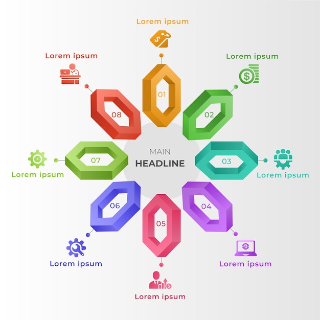 Vecteur infographie créative avec huit options avec des formes 3d