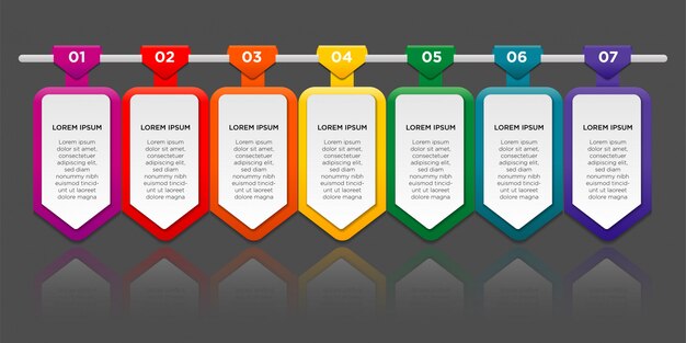 Infographie avec dégradé et effet d'ombre de papier 7 options ou étapes. Concept d'entreprise infographie.