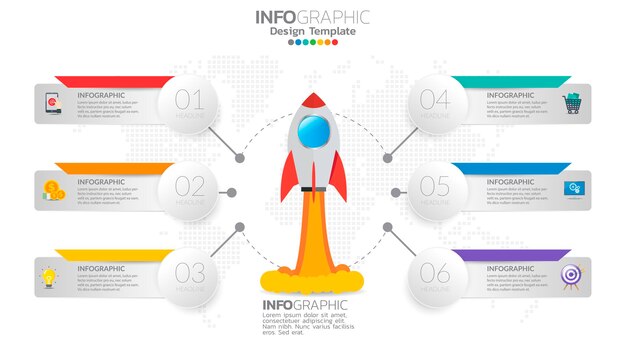 Infographie De Démarrage En 6 étapes Avec Lancement De Fusée. Concept Commercial Et Financier.