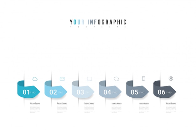 Infographie design et icônes marketing avec six options, étapes ou processus. Peut être utilisé pour le rapport annuel, le diagramme, les présentations, les sites Web. Concept de modèle d'entreprise. illustration.