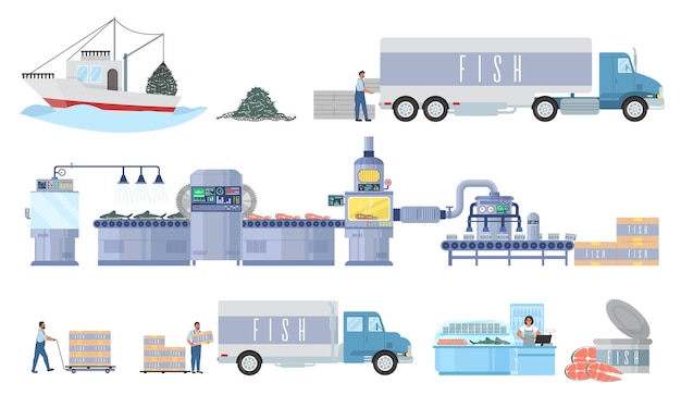 Vecteur infographie du processus de production de fruits de mer, illustration vectorielle plane. pêche commerciale, transports. ligne de transformation et d'emballage d'usine de poisson. distribution, vente, consommation. industrie de la pêche.