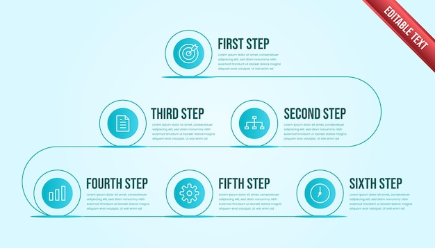 Infographie D'entreprise En Six étapes. Modèle D'infographie De Chronologie Moderne Avec Thème De Couleur Tosca Ou Bleu.