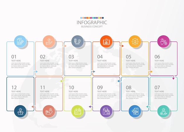 Infographie de forme carrée avec 12 étapes, processus ou options, organigramme de processus, utilisé pour le diagramme de processus, les présentations, la mise en page du flux de travail, l'organigramme, l'infographie. Illustration vectorielle eps10.