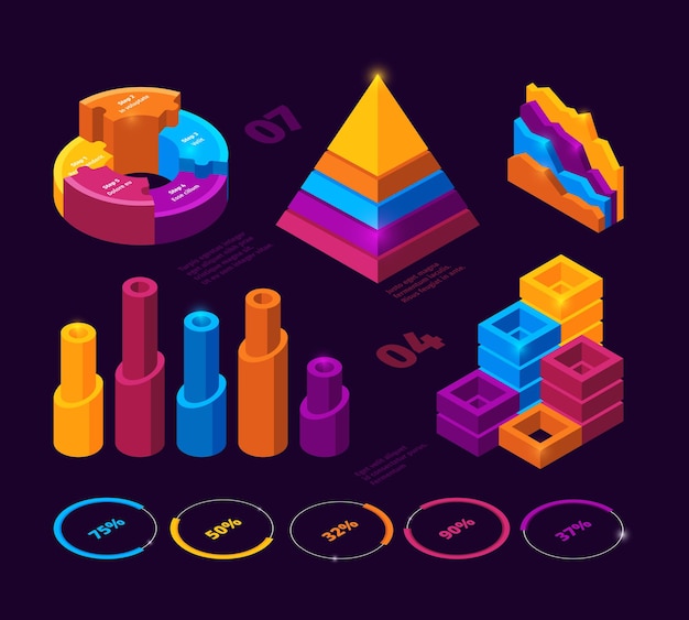 Infographie Futuriste. Graphiques Diagrammes Barres De Statistiques Vectoriels éléments Isométriques D'analyse Commerciale