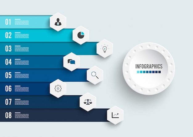 Infographie avec huit étapes et icônes marketing