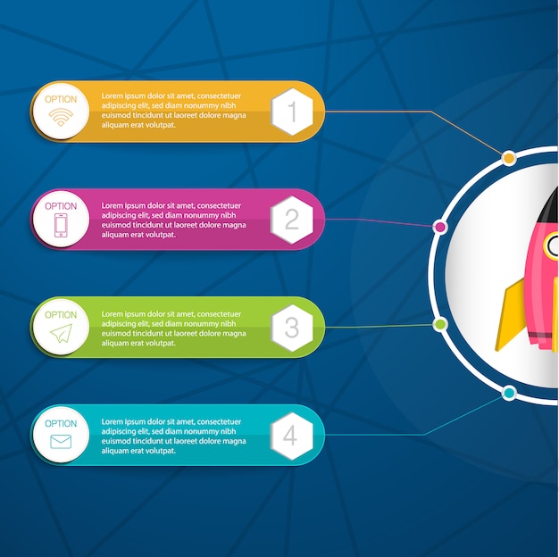 Infographie, Illustration Avec Zone De Texte Colorée Pour Quatre Caractéristiques Du Projet D'entreprise Ou Démarrage