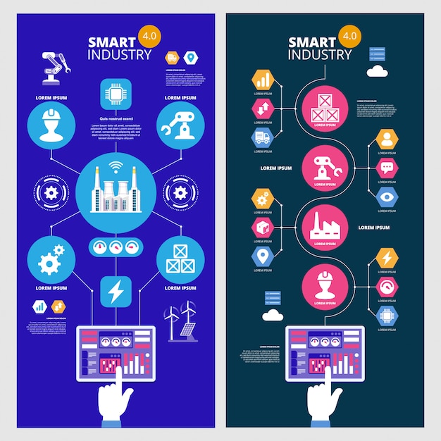 Infographie Industrie Intelligente 4.0. Intelligence Artificielle. Ensemble De Bannières Vectorielles.