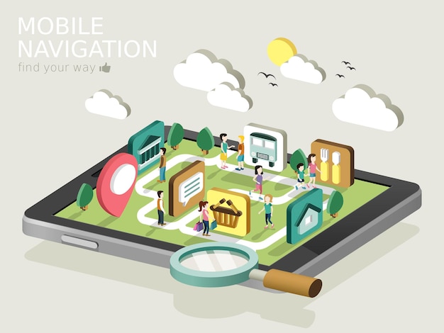 Infographie isométrique 3d plate pour le concept de navigation mobile