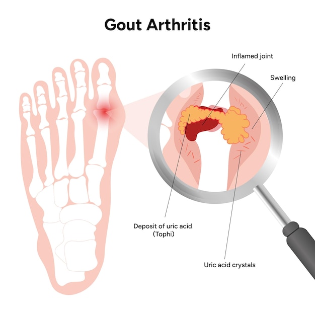 Vecteur infographie médicale sur l'arthrite de la goutte au pied