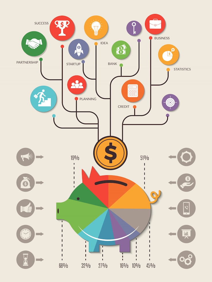 Vecteur infographie de porc. économisez de l'argent à la maison
