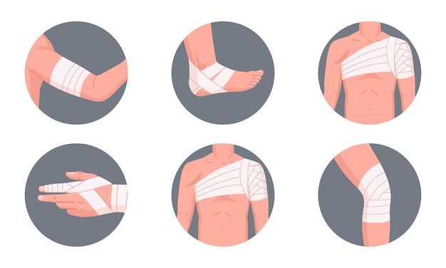 Infographie de premiers soins parties du corps de dessin animé blessure traitement médical poignet genou et coude méthodes de premiers soins jeu d'illustrations vectorielles plates bandages de guérison affiche