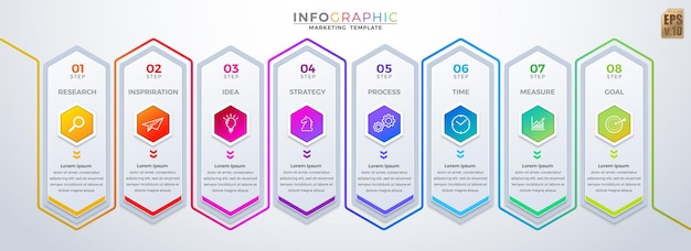 Infographie VECTOR business design icônes hexagonales modèle coloré 8 options ou étapes style minimal isolé Vous pouvez utiliser pour les présentations de flux de travail de processus marketing mise en page organigramme annonce imprimée