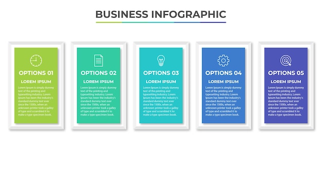 Vecteur infographies d'affaires chronologie avec 5 étapes options carrés modèle vectoriel