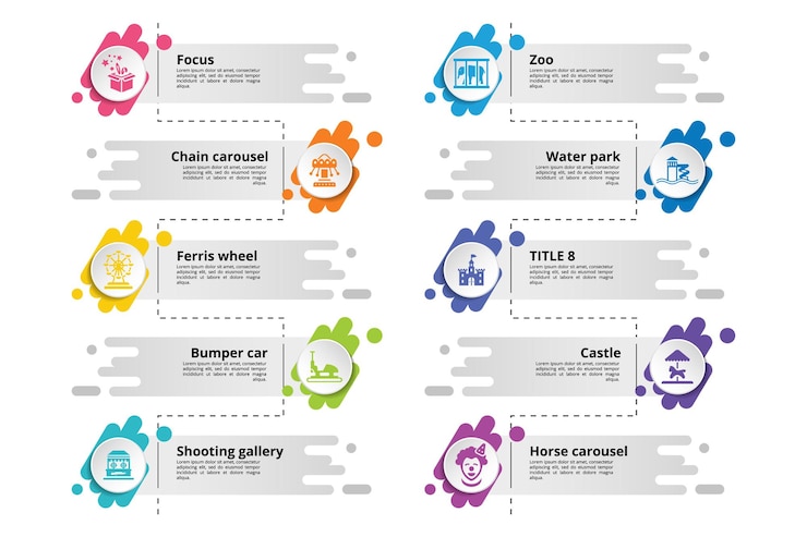 Vecteur infographies avec des icônes de parcs d'attractions, des étapes telles que