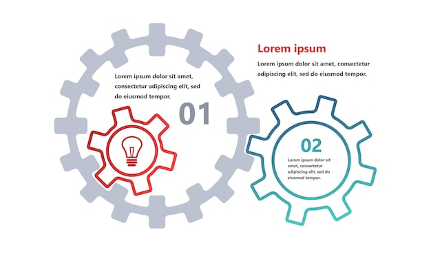 Infographies modernes avec des éléments sous forme d'engrenages qui symbolisent le processus d'une idée ou d'une stratégie en entreprise Les éléments sont interconnectés créant un sentiment de réseau et de soutien