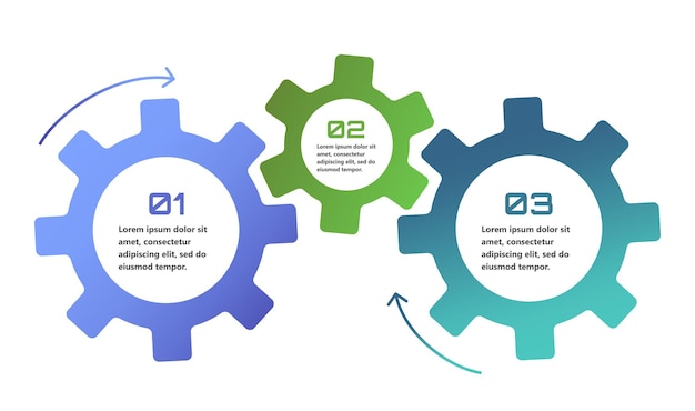 Infographies modernes avec des éléments sous forme d'engrenages qui symbolisent le processus d'une idée ou d'une stratégie en entreprise Les éléments sont interconnectés créant un sentiment de réseau et de soutien
