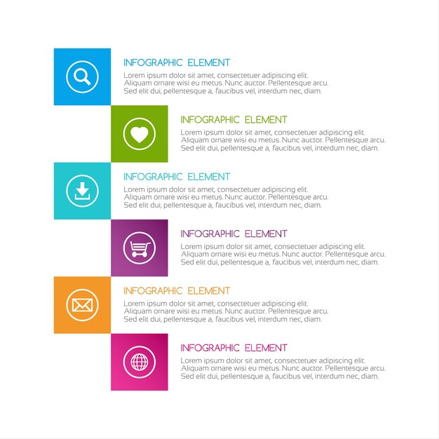 Vecteur infographique abstraite plate colorée six options avec des icônes conception minimaliste pour votre projet