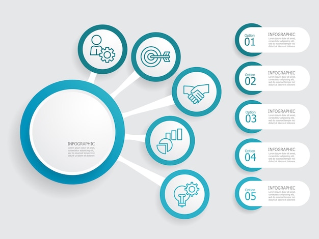 Vecteur infographique d'étapes en cercle contexte du rapport avec icône d'entreprise 5 étapes pour la présentation d'affaires