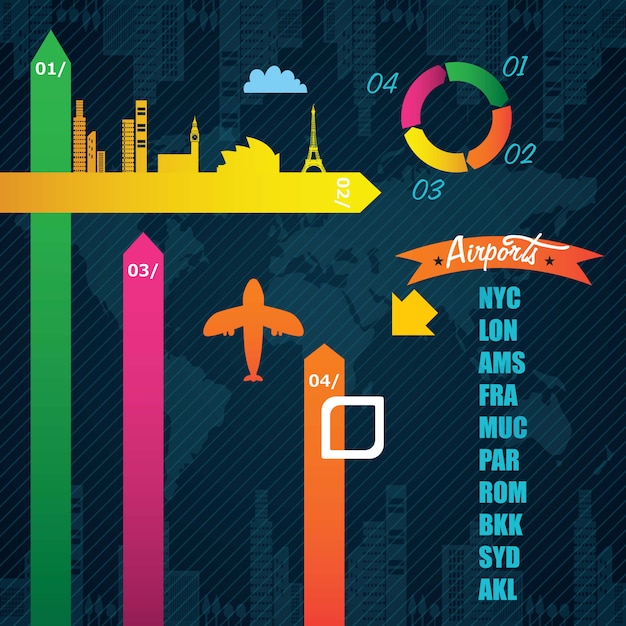 Vecteur informations sur l'aéroport coloré infographie de transport sur fond sombre