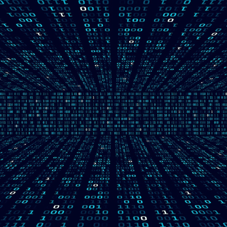 Vecteur informations de cryptage. code binaire sur fond bleu. nombres binaires aléatoires. concept abstrait d'algorithme de données volumineuses. illustration