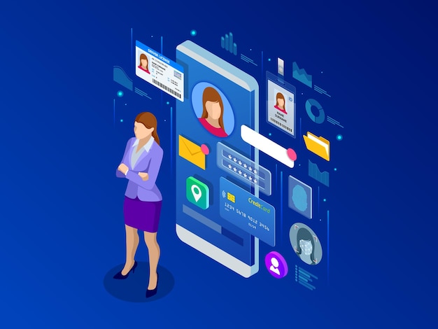 Informations sur les données personnelles isométriques Identité de l'application Concept privé Données numériques Bannière sécurisée Illustration vectorielle de la technologie biométrique pour la reconnaissance de l'identité personnelle et l'authentification de l'accès