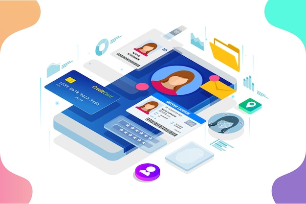 Informations sur les données personnelles isométriques Identité de l'application Concept privé Données numériques Bannière sécurisée Illustration vectorielle de la technologie biométrique pour la reconnaissance de l'identité personnelle et l'authentification de l'accès