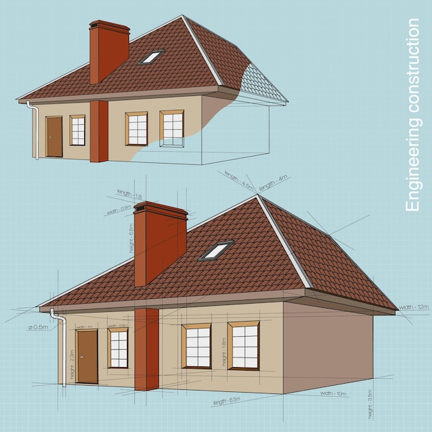 Vecteur ingénierie de construction de bâtiments. dessins et conception de la maison avec les dimensions