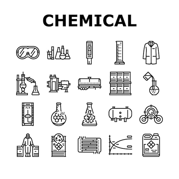 ingénieur chimiste recherche icônes ensemble vecteur chimie laboratoire science laboratoire médecine scientifique technologie expérience ingénieur chimiste recherche contour noir illustrations