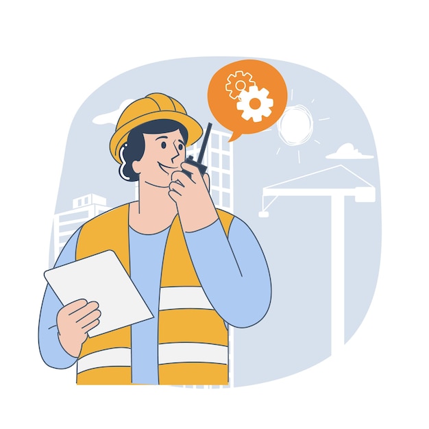 Ingénieur en construction communiquant par walkie-talkie sur le chantier