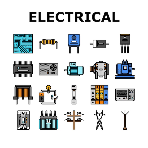 ingénieur électrique industrie travail icônes ensemble vecteur technicien technologie équipement ingénierie maintenance industrielle service travailleur ingénieur électrique industrie travail couleur ligne illustrations