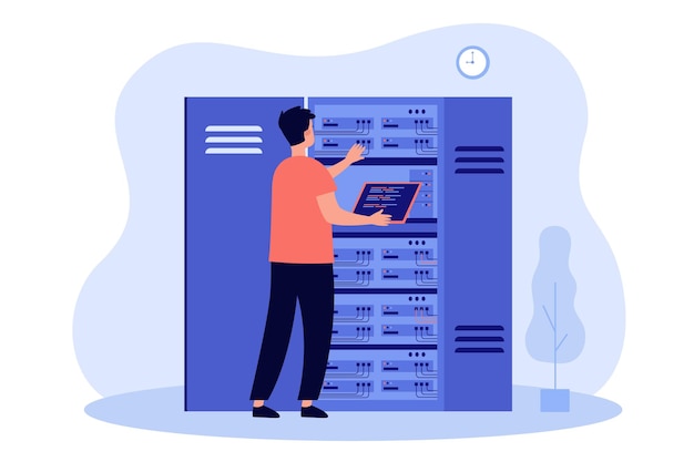 Vecteur ingénieur examinant l'équipement de serveur internet