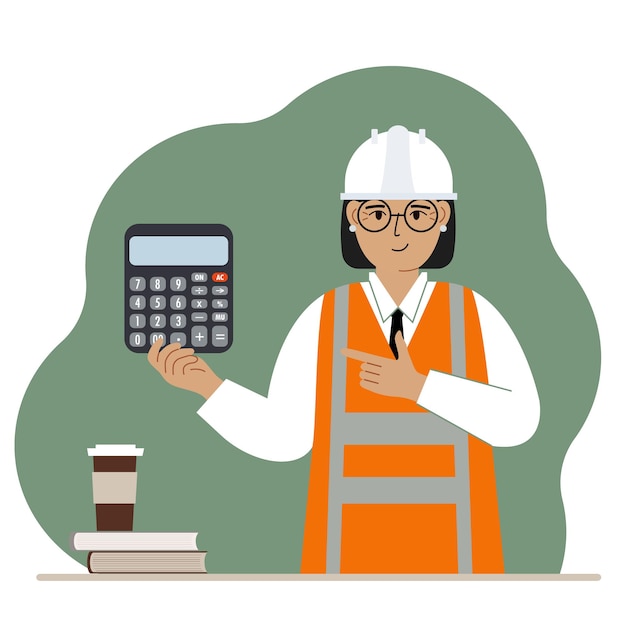 Vecteur ingénieur féminin dans un casque de construction blanc et un gilet orange avec une calculatrice. vecteur
