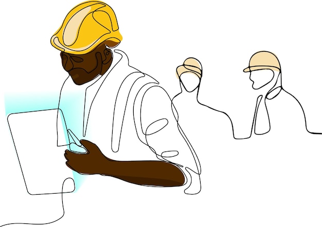 Vecteur ingénieur de l'industrie portant un uniforme et un casque de sécurité sous inspection par tablette. concept de ligne minimale
