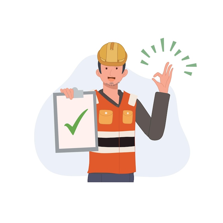 Vecteur l'ingénieur masculin porte un casque de sécurité montrant le tableau de bord avec une coche et faisant le geste du signe de la main ok concept d'approbation de la qualité illustration vectorielle