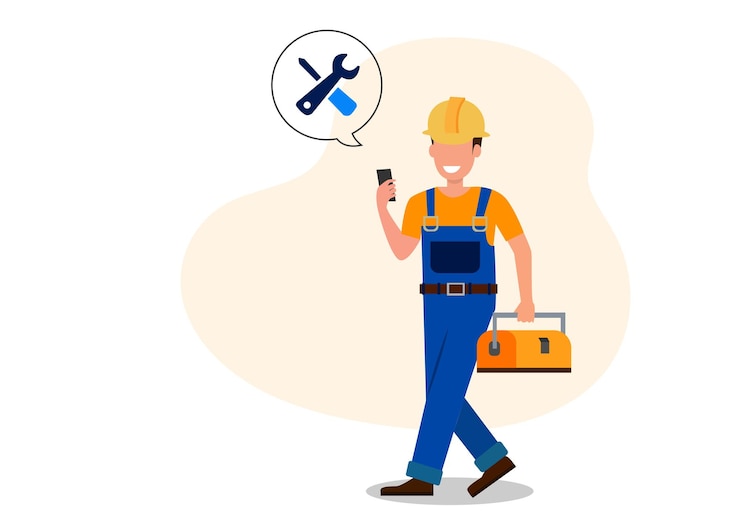 Vecteur ingénieur masculin en uniforme avec clé d'équipement de boîte à outils dans le personnage de dessin animé à la main illustration vectorielle du personnel de service commercial réparant la maintenance du système