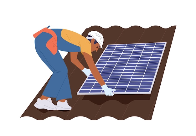 Ingénieur ouvrier de gratte-ciel personnage de dessin animé installant un panneau solaire pour l'énergie alternative sur le toit