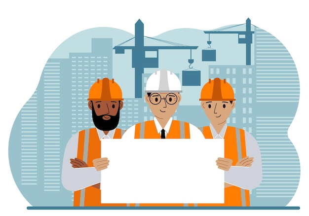 Ingénieur près de maisons en construction et de grues de construction Bâtisseur tient une grande feuille blanche pour le texte