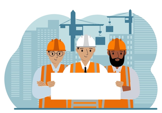 Ingénieur près des maisons en construction et des grues de construction Le constructeur tient une grande feuille blanche